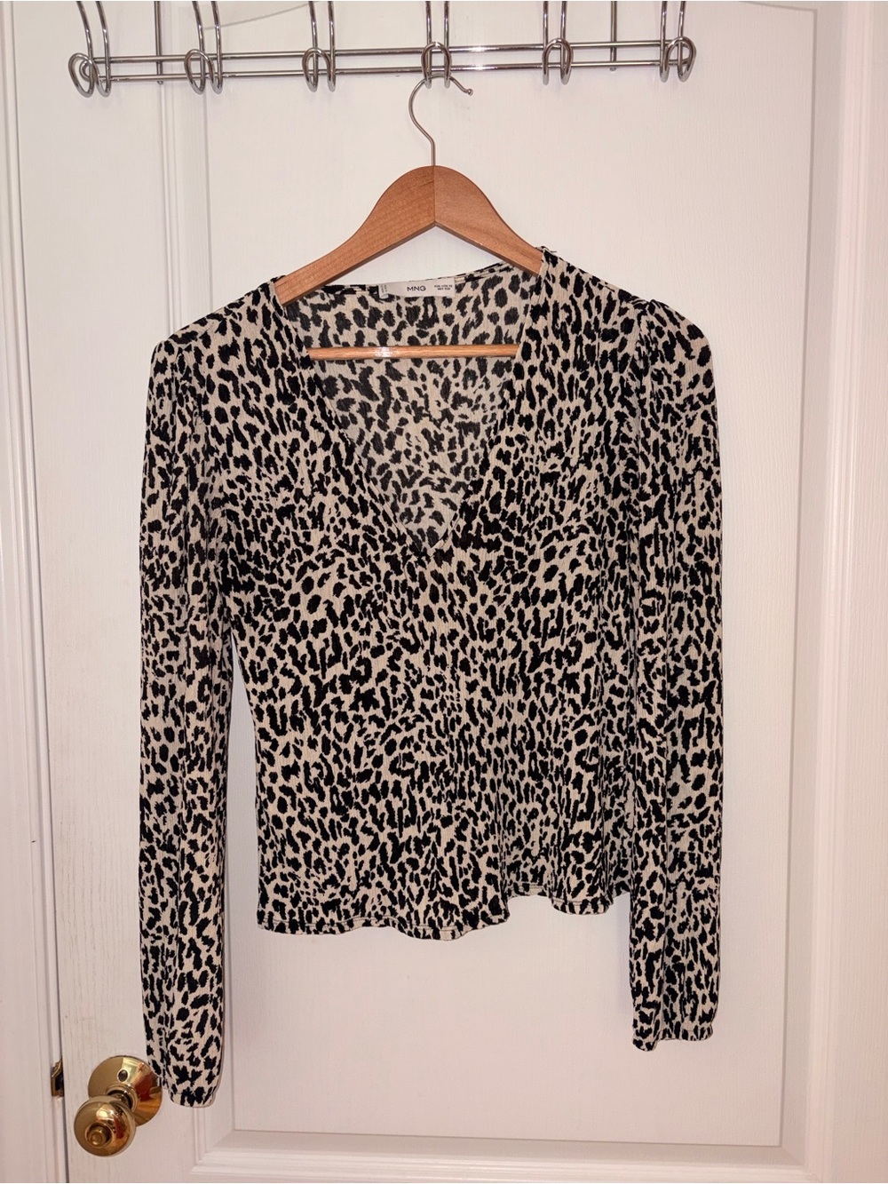 Mango Leopard Print V-Neck Long Sleeve Top - Black and Cream